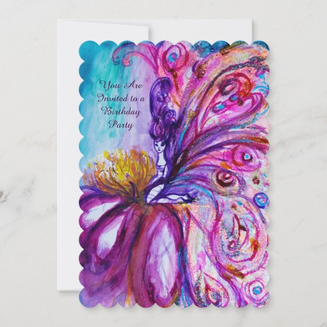 INVITATION FÉE FLEUR WHIMSICALE MIGNONNE EN ROSE, ÉCLATS D'OR (Devant)