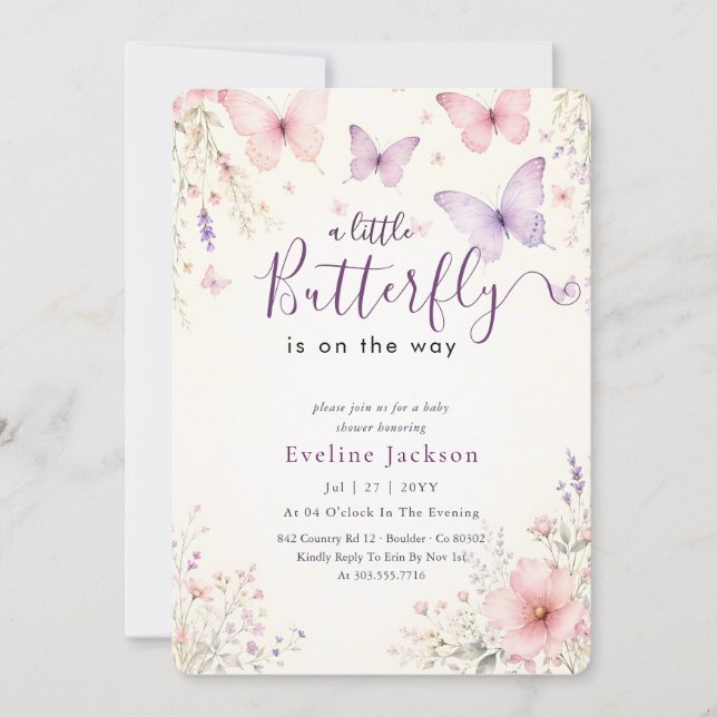 Invitation Fée Florale Fête de Naissance Papillon Lavande (Devant)