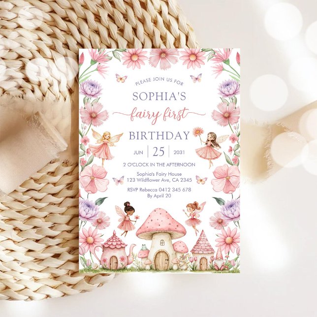 Invitation Fée Florale Fille Rose Premier 1er Anniversaire (Créateur téléchargé)