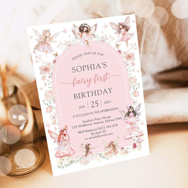 Invitation Fée Florale Fille Rose Premier 1er Anniversaire (Créateur téléchargé)