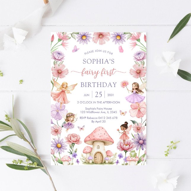 Invitation Fée Florale Fille Rose Premier 1er Anniversaire (Créateur téléchargé)