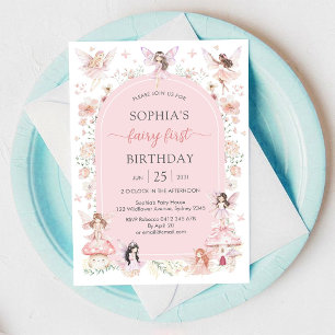 Invitation Fée Florale Fille Rose Premier 1er Anniversaire