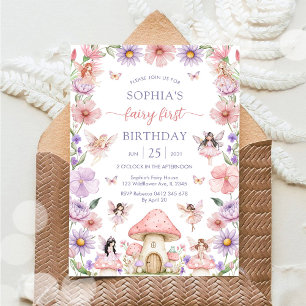 Invitation Fée florale fille rose Premier 1er anniversaire