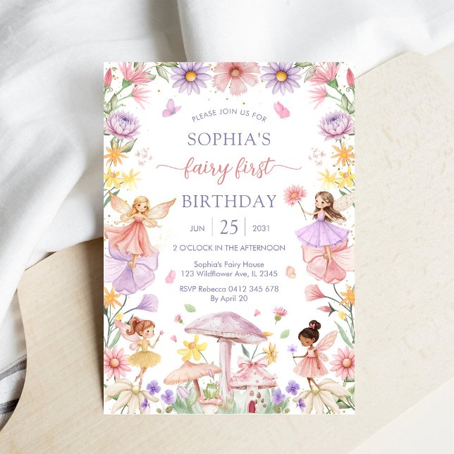 Invitation Fée Florale Fille Rose Premier 1er Anniversaire (Créateur téléchargé)