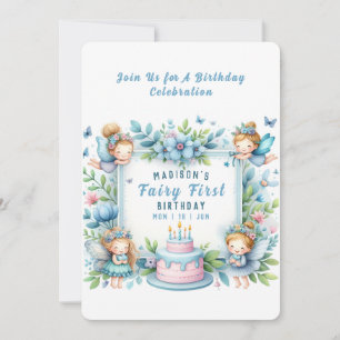 Invitation Fée florale pastel bleu pour premier anniversaire 