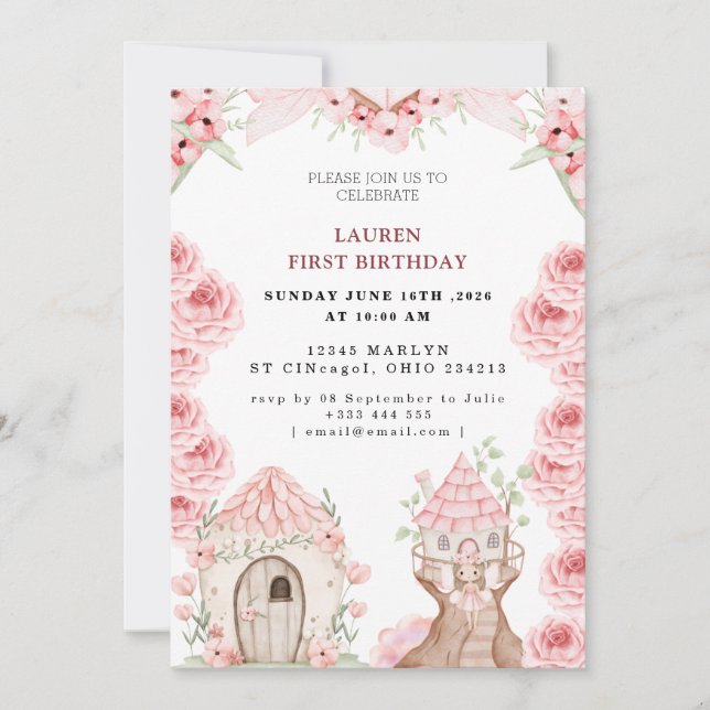 Invitation Fée Florale Rose Anniversaire (Devant)