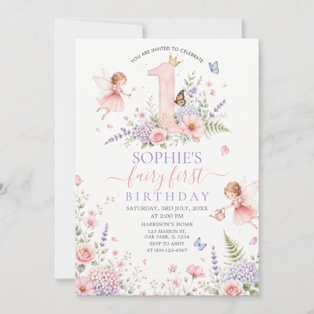 Invitation Fée florale rose premier anniversaire (Devant)