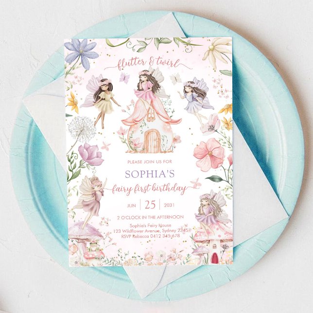 Invitation Fée Flutter et Twirl Premier 1er Anniversaire (Créateur téléchargé)