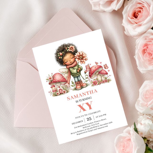 Invitation Fée Lumineuse 6e Anniversaire Fleurs Ro (Glow Fairy 6th Birthday Pink Flowers Invitation)