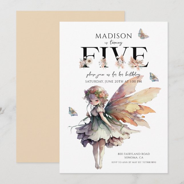 Invitation Fée magique 5e anniversaire (Devant / Derrière)
