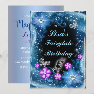 Invitation Fée magique et anniversaire floral bleu de