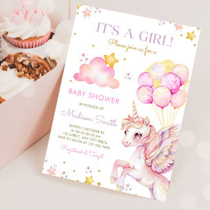 Invitation Fée Magique Licorne Rose Violet Baby Shower