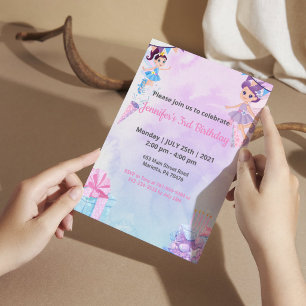 Invitation Fée Magique Sirène Anniversaire Aquarelle Violet