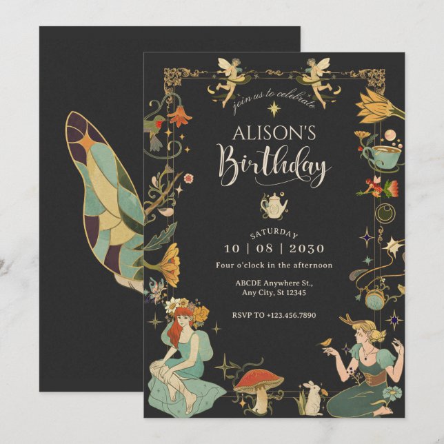 Invitation Fée magique vintage anniversaire (Devant / Derrière)
