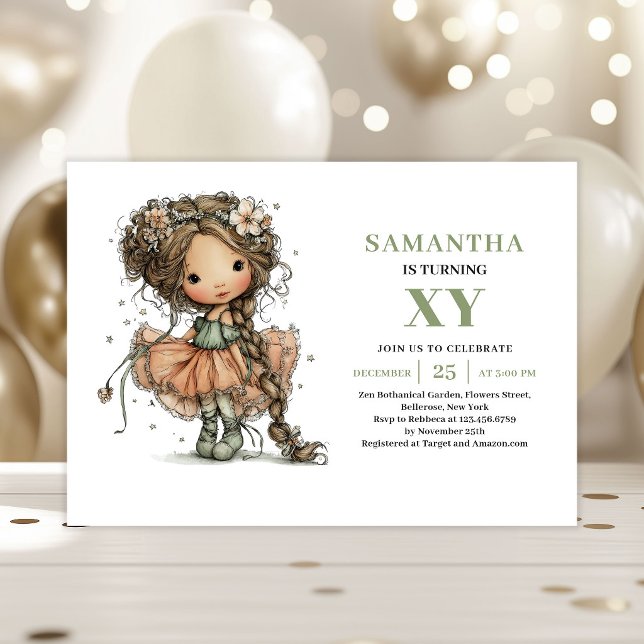 Invitation Fée Mignonne Anniversaire Floral Sage (Cute Fairy Girl Birthday Floral Sage Invitation)
