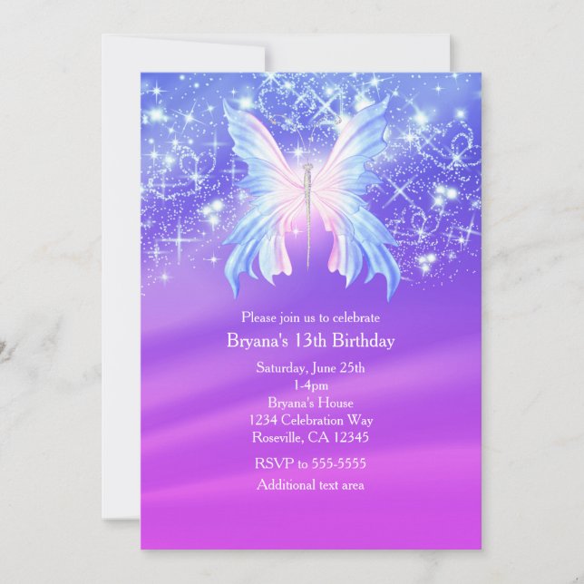Invitation Fée Papillon Fantasy Rose & Violet Pailleté Fête (Devant)