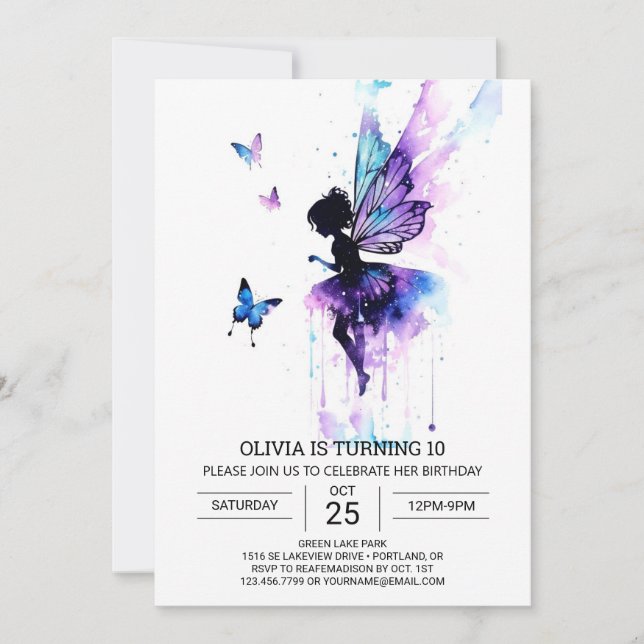 Invitation Fée personnalisée pour l'anniversaire d'une fille (Devant)