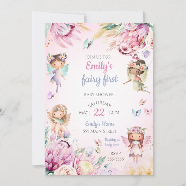 Invitation fée pour baby shower couleurs pastel (Devant)