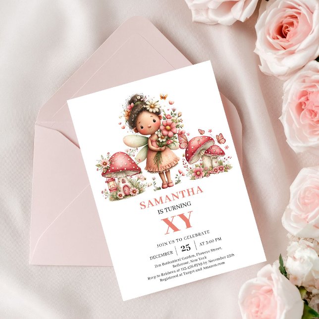Invitation Fée Précieuse 8e Anniversaire Fleurs Ro (Precious Fairy 8th Birthday Pink Flowers Invite Card)