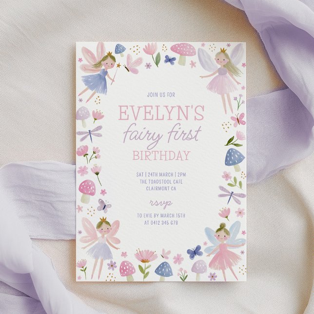 Invitation Fée Premier Anniversaire 1ère Fille Violet  (Girls 1st birthday invitation | Fairy First Birthday! Purple Fairy invitation)