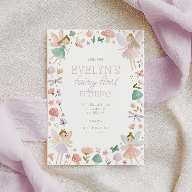 Invitation Fée Premier Anniversaire 1ère Vert Filles  (Fairy First Birthday Invitation! Girls fairy 1st invitation in pink, purple and green)