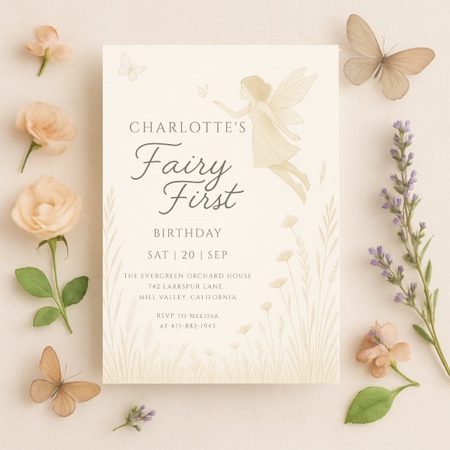 Invitation Fée Premier Anniversaire Aquarelle Florale (Créateur téléchargé)