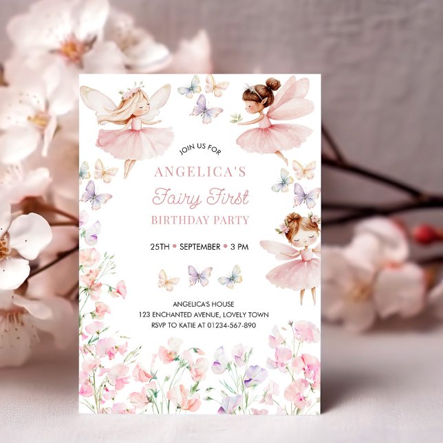 Invitation Fée premier anniversaire des filles (Fairy First Girls 1st birthday party invitation - available printed or as printable download)