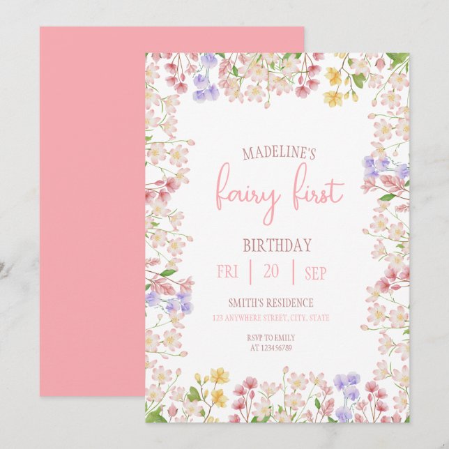 Invitation Fée Premier Anniversaire Forêt Aquarelle Champigno (Devant / Derrière)