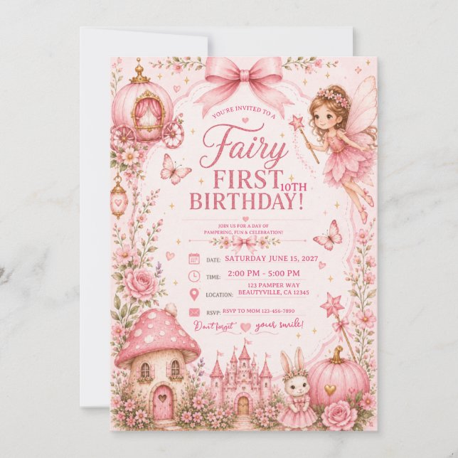 Invitation fée premier anniversaire rose (Devant)