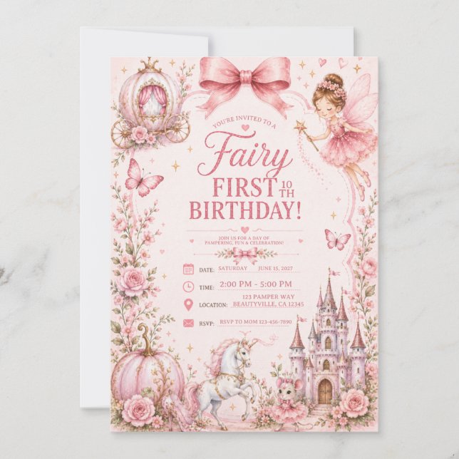 Invitation fée premier anniversaire rose (Devant)