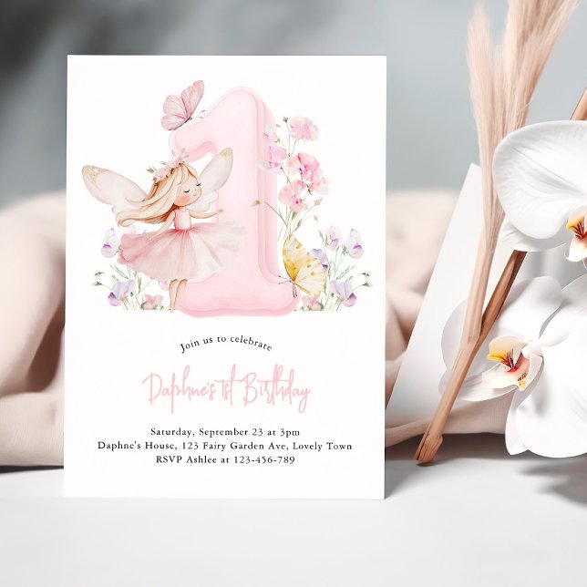 Invitation Fée Premier Anniversaire Rose Numéro 1 Fête Filles (Fairy First Birthday Invitation with Pink Number One, Fairy, Sweet Peas and Butterflies)