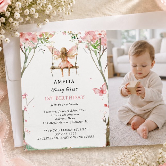 Invitation Fée Premier Aquarelle Fleurs Filles 1er Anniversai (Fairy First Watercolor Floral Girls 1st Birthday Invitation)