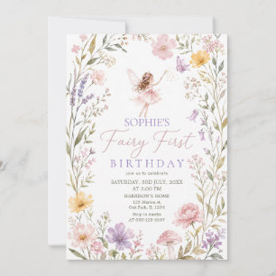 Invitation Fée Premier Aquarelle Fleurs Filles 1er Anniversai