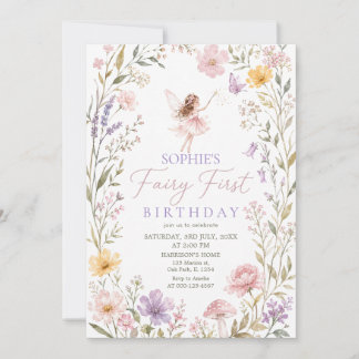 Invitation Fée Premier Aquarelle Fleurs Filles 1er Anniversai
