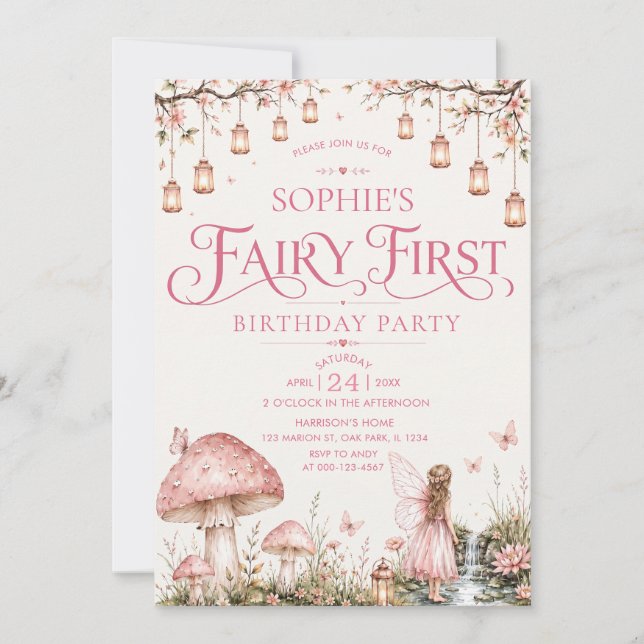 Invitation Fée Premier Thème Fille 1er Anniversaire (Devant)