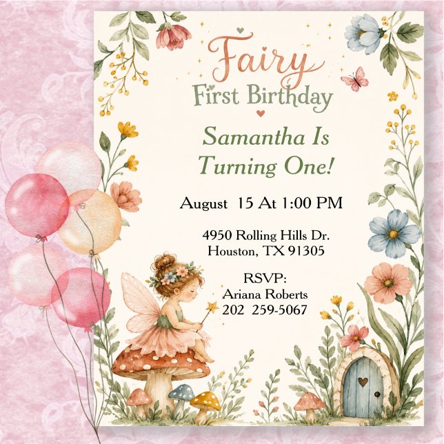 Invitation Fée Première Fête de Jardin d'Anniversaire (Créateur téléchargé)