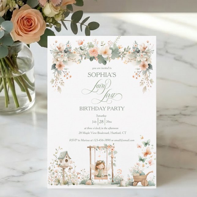 Invitation Fée Première Fille Personnalisation pour Fête d'An (cute elegant floral garden fairy first birthday party invitation for girls)