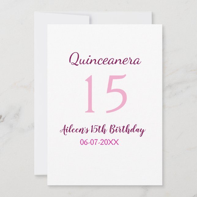 Invitation Fée rose 15e anniversaire simple moder quinceanera (Devant)