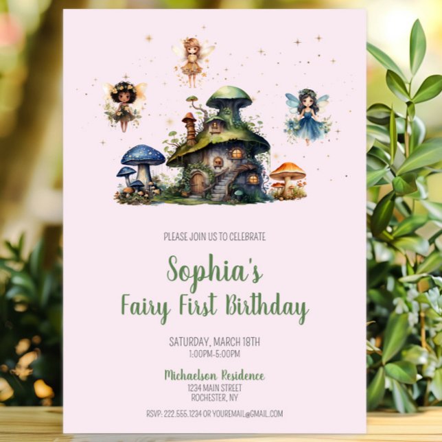 Invitation Fée rose enchantée Premier Champignon d'anniversai (Enchanted Fairy First Birthday Mushroom Invitation, Whimsical Fairy Garden Invite, Woodland Pixie)