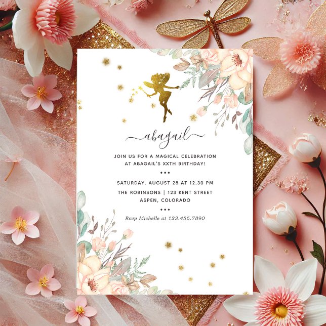 Invitation Fée rose et or thème Fée Fille fête d'anniversaire (Pink and Gold Fairy themed Girl Birthday Party Invitation)