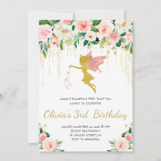 Invitation Fée rose et or thème Fée Fille fête d'anniversaire