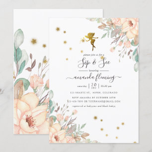 Invitation Fée rose et or thème Fille Sip and See