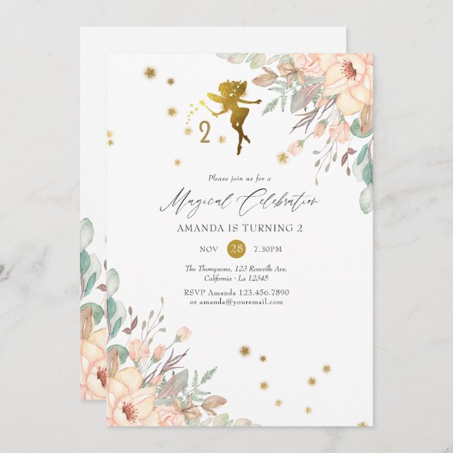 Invitation Fée rose et or thème Girl 2e fête d'anniversaire (Devant / Derrière)