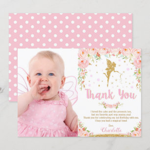 Invitation Fée rose Floral 1er anniversaire Merci