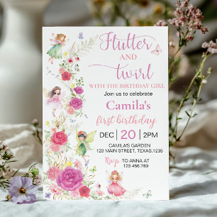 Invitation Fée rose Floral Anniversaire