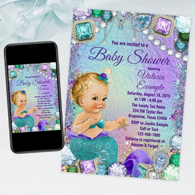 Invitation Fée Sirène Blonde Baby Shower Sirène (Mermaid baby shower invitation with cute mermaid baby on a jewel background. For print or download.)