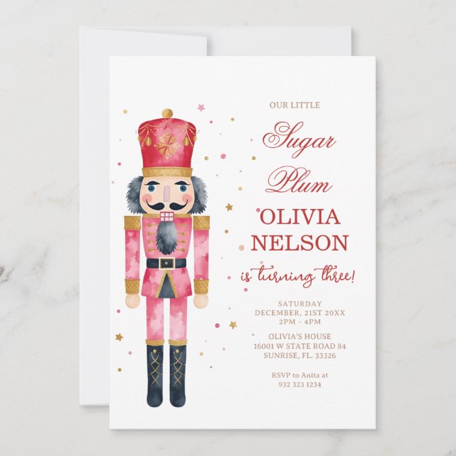 Invitation Fée Sucre Pruneaux Anniversaire Noël Rose (Devant)