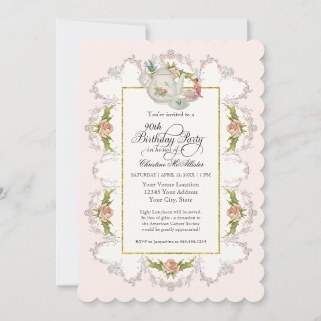 Invitation Fée Tea Party d'anniversaire, Teapot Rose en tasse (Devant)
