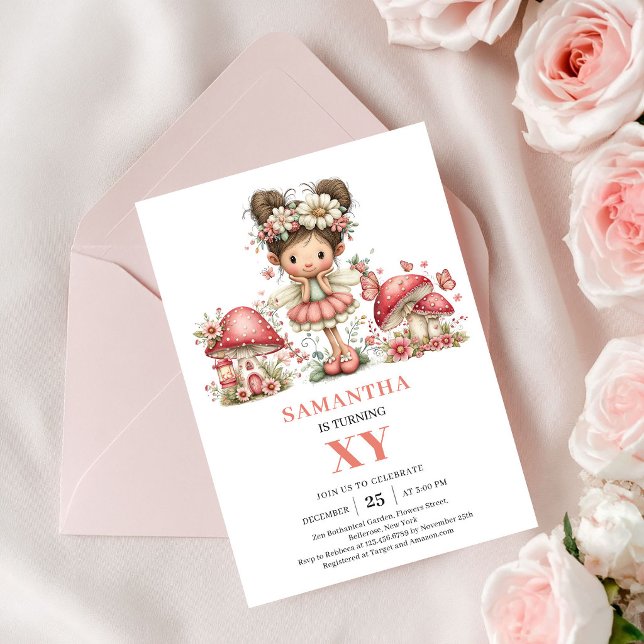 Invitation Fée Tendre 1er Anniversaire Champignon  (Tender Fairy 1st Birthday Pink Mushroom Invitation)