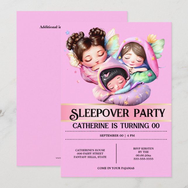 Invitation Fée thème couchette coulepover fête des filles ros (Devant / Derrière)